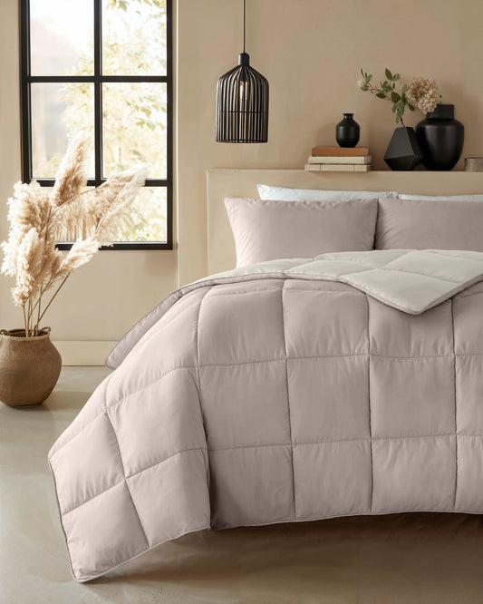 A cozy bedroom features a neatly made bed with the Zelesta Premiumbed Cotton - Silk & Coconut Cream all-season duvet and pillows, black pendant light, potted pampas grass, a plant, shelf decor, and sunlight streaming through the window.
